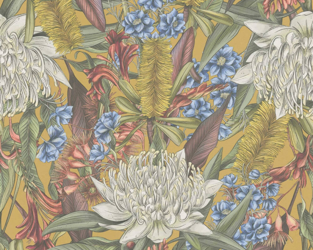 Vliesové tapety viacfarebné kvety a listy na žltom pozadí, 39428-4 Drawn into Nature